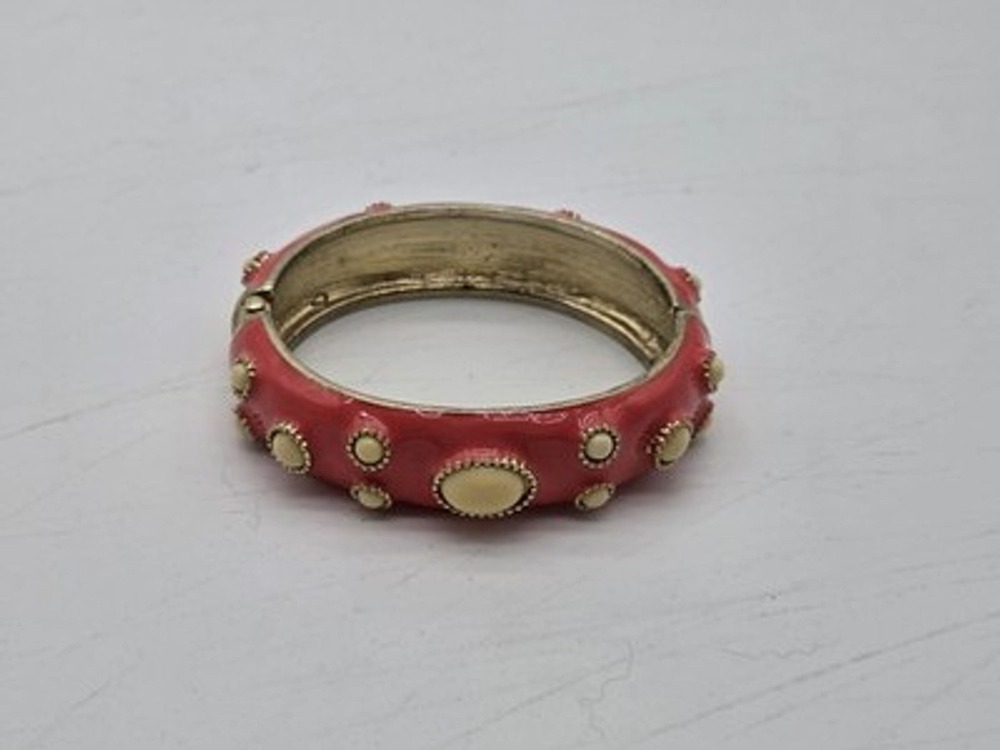 Fornash Coral Pink Enamel Hinged Bracelet Gold Tone Studded Statement